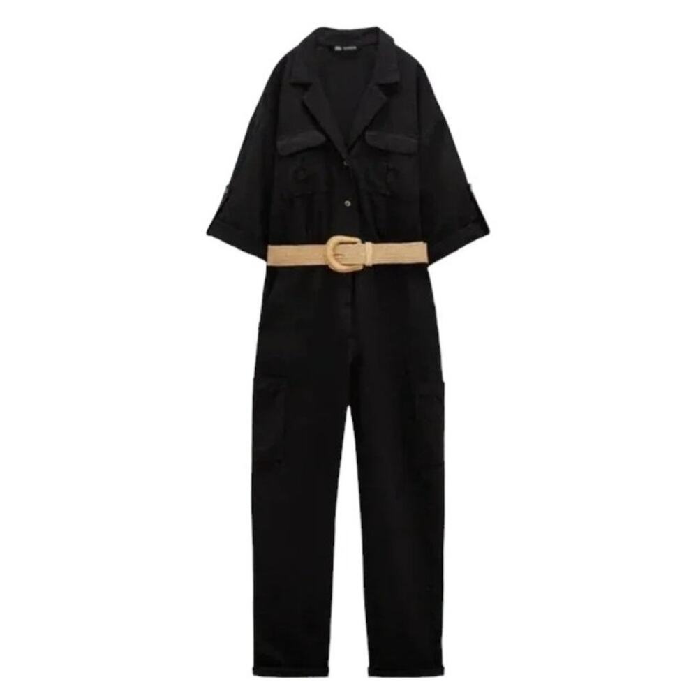 NWT ZARA Linen Blend Belted Coverall Jumpsuit in Black SZ S
